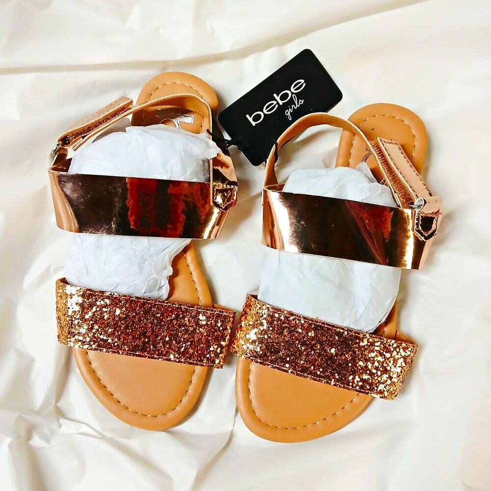 Bebe girls Rose Gold Glitter Strappy Sandals Hook & Loop, Girls Size 1